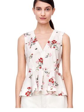 Rebecca Taylor Marguerite White Snow Multi Floral V-Neck Peplum Top